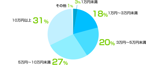 1万円未満:3%、1万円~3万円未満:18%、3万円~5万円未満:20%、5万円~10万円未満:27%、10万円以上:31%、その他:1%