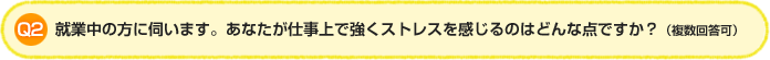 Q2.就業中の方に伺います。あなたが仕事上で強くストレスを感じるのはどんな点ですか。（複数回答可）